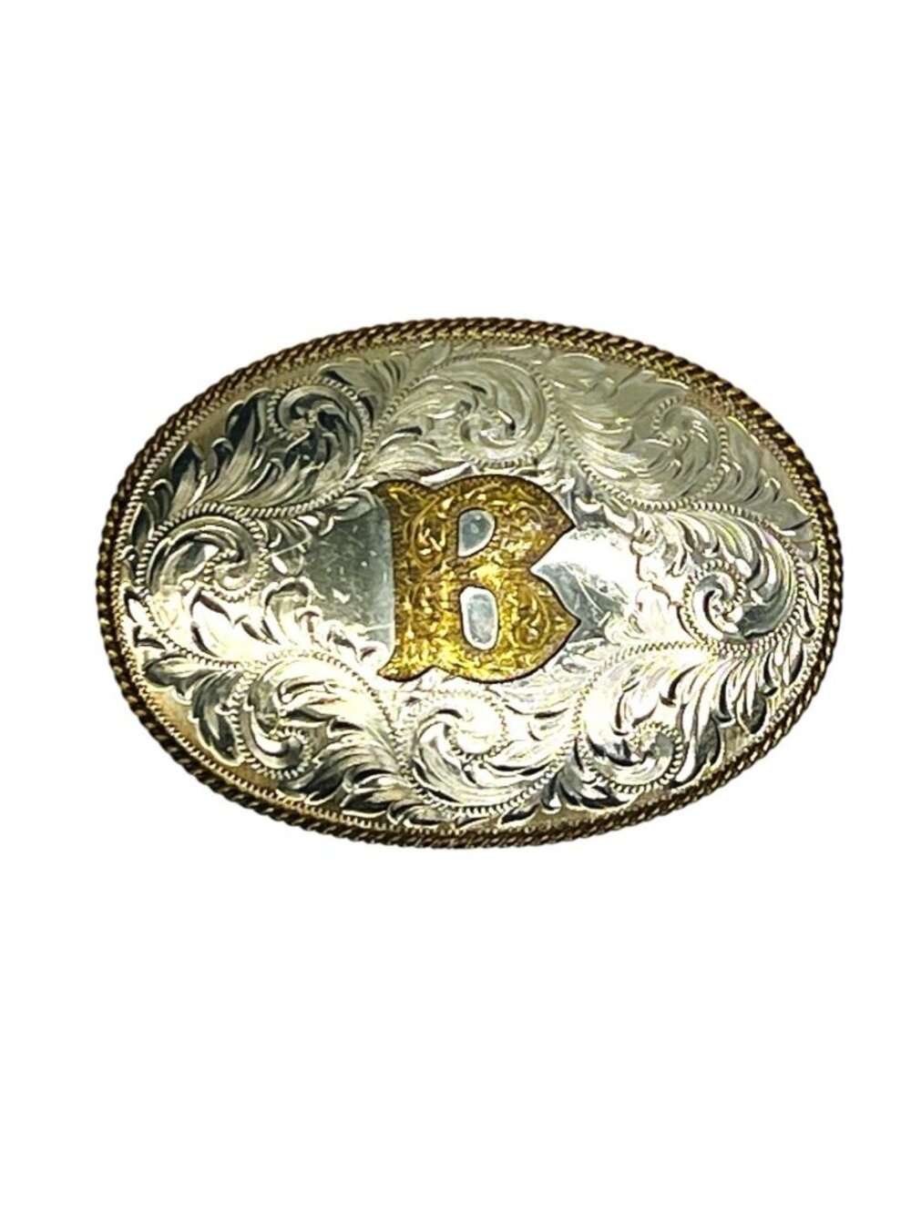 B Belt Buckle, silver and gold tone, scrollwork, engraved western